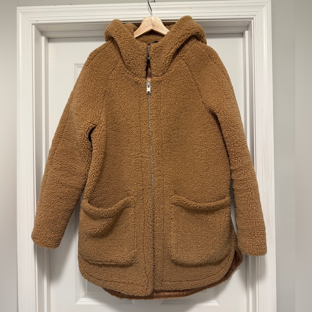Andrew Marc Seneca Faux Fur Teddy Coat Hooded Jacket Tan Fleece Pockets